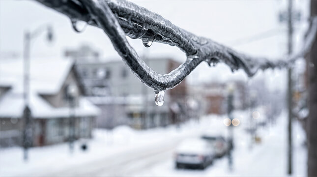 Close-up of a black cable sheathed in clear ice with frozen droplets. Winter storm aftermath with blurred snowy street background. Freezing rain weather concept