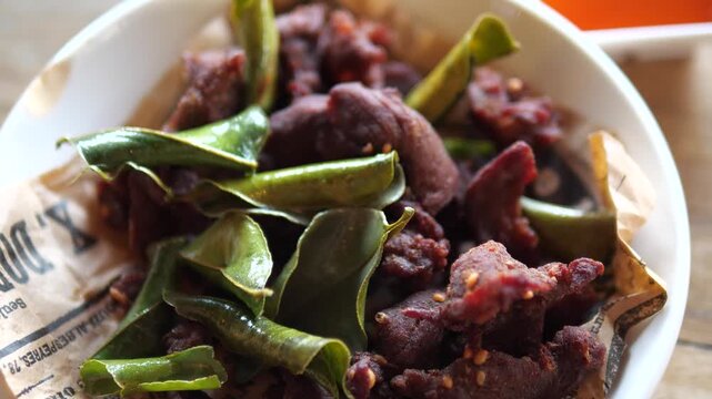 Thai Sun Dried Beef Deep Fried with Chili and Kaffir Lime Leaves