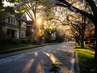 Obraz premium Sunlit Street with Cherry Blossoms and Shadows