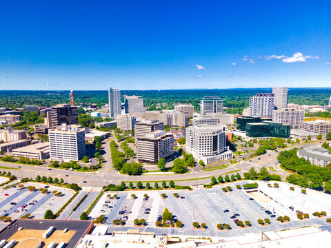 Aerial view of the streets and skyscrapers of downtown Tyson's Corner, Virginia.
