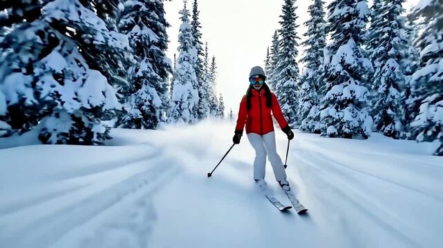 Female skier red jacket descendants snowy slope among coniferous forest trees, active woman manages skis confidently against picturesque winter landscape concept of winter sports and active hobby