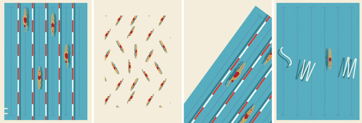 Top view illustration of outdoor swimming pool with lanes and swimmers. Summer sport background, training, competition, fitness and healthy lifestyle concept.