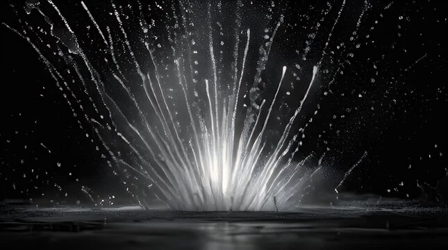 Explosive slow-motion water splash directly towards camera. Captured with a static tripod under dramatic studio lighting, resulting in photorealistic volumetric rays and deep shadows on an isolated ba