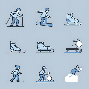 Winter Sports Icon Set with Skiing, Snowboarding, Ice Skating and Sledding