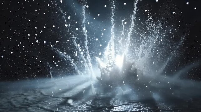 Water droplets burst into the camera in dramatic slow motion. Shot on a black background with professional lighting that creates soft shadows and visible light beams. 8K resolution, 16:9 aspect ratio.