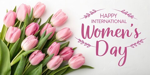Fototapeta premium Happy Women Day 8 march banner with pink tulips bouquet hearts and ribbon on soft pastel background.