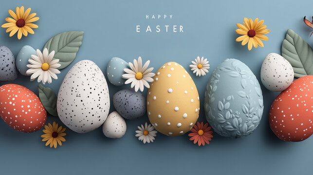 A minimalist "Happy Easter" poster features a cluster of speckled, pastel-colored eggs and dasy flowers on blue background.