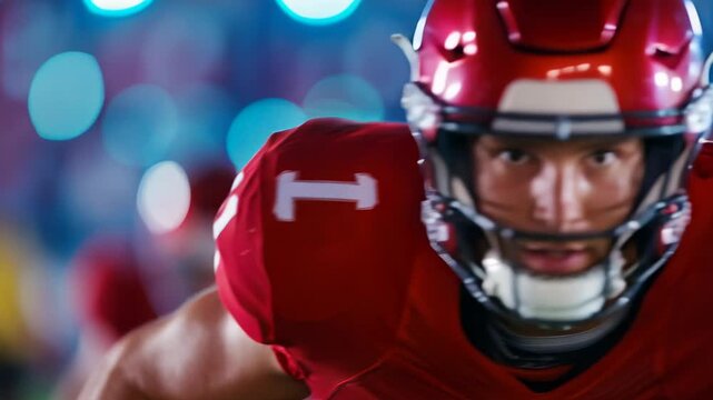 Football player charging through defenders in packed stadium, gripping ball tight, helmet gleaming under lights, rain flecks and turf spray, teammates blocking,