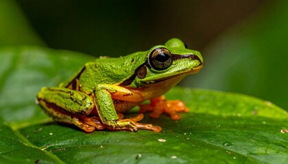 Obraz premium A vibrant, close-up captures a small green amphibian perched on a large, textured leaf amidst lush foliage. Its eye is focused, ready to leap