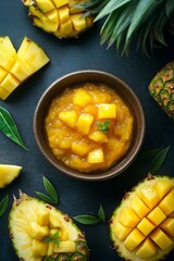 Fototapeta premium Overhead view of mango pineapple jam in a bowl, fresh mangoes, pineapples, and a slice of toast with jam, tropical aesthetic