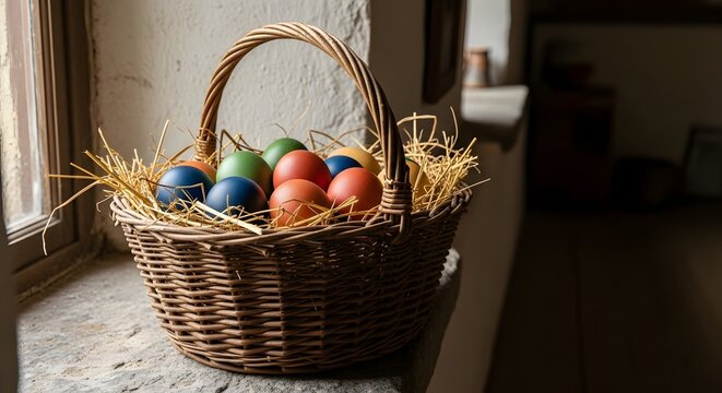 Rustic basket filled straw large naturally dyed eggs stone windowsill old farmhouse interior soft light country Easter charm