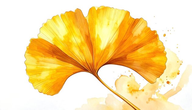 Golden, fan-shaped leaf in watercolor style against a white backdrop with complementary color splashes