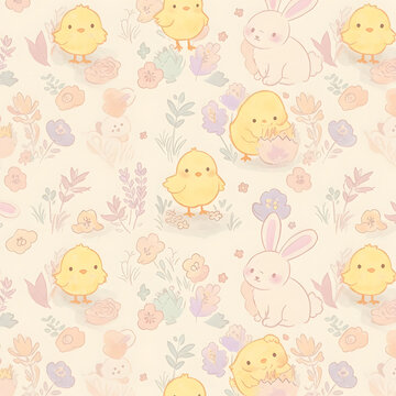 Cute Easter Chick and Bunny Seamless Pattern with Flowers and Carrots