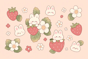 Cute Kawaii Bunnies and Strawberries with Flowers Illustration