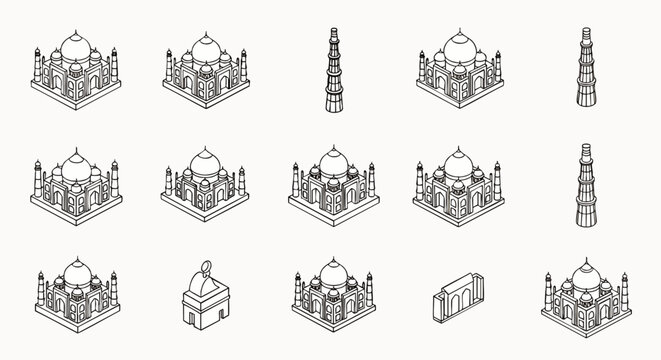 Isometric line art icon set featuring famous Indian landmarks, including the majestic Taj Mahal and historic Qutub Minar, minimalist vector illustrations.