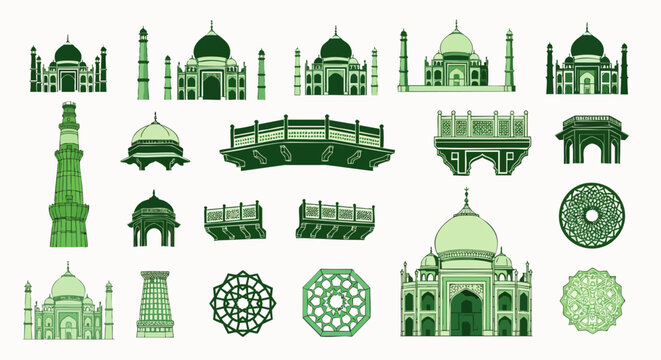 Set of green vector illustrations showcasing famous Indian architectural heritage, including the Taj Mahal, Qutub Minar, and traditional patterns.