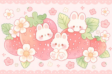 Cute Kawaii Bunnies and Strawberries with Flowers Illustration