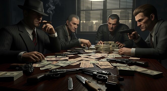 Men Counting Money in Dark Room.