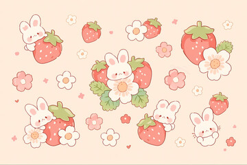 Cute Kawaii Bunnies and Strawberries with Flowers Illustration