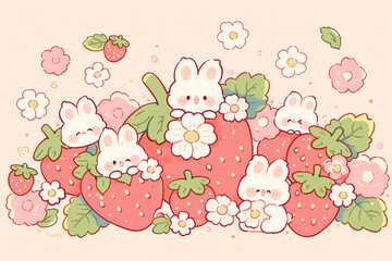 Cute Kawaii Bunnies and Strawberries with Flowers Illustration