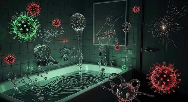 Microscopic Viruses in Dark Bathroom Environment.