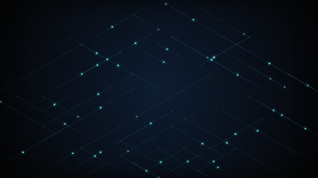 Isometric Digital Network Background with Glowing Cyan Lines and Data Nodes
