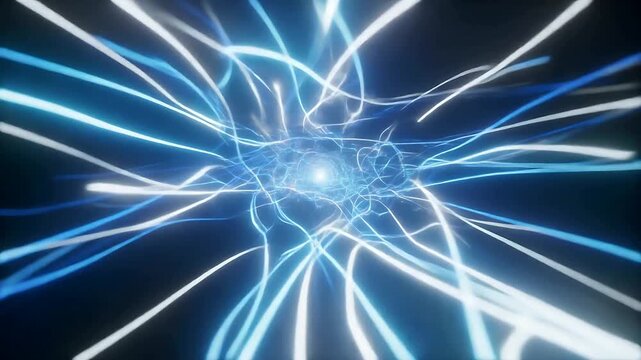 Futuristic abstract flight through a high-speed data tunnel visualized by swirling glowing blue and white light trails, representing network connections or optical fiber communication.