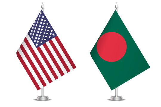 Flags of United States and Bangladesh. The concept of partnership and joint action. Symbol of partnership, cooperation, international collaboration, peaceful negotiations, alliance, bilateral