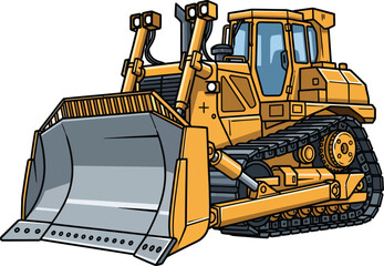 A powerful yellow cartoon bulldozer with a large steel blade and heavyduty caterpillar tracks. © Alisya Design