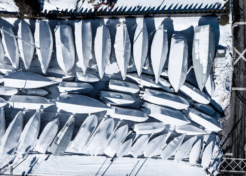 Aerial image of winterized boats from Manchester-by-the-Sea, Massachusetts 