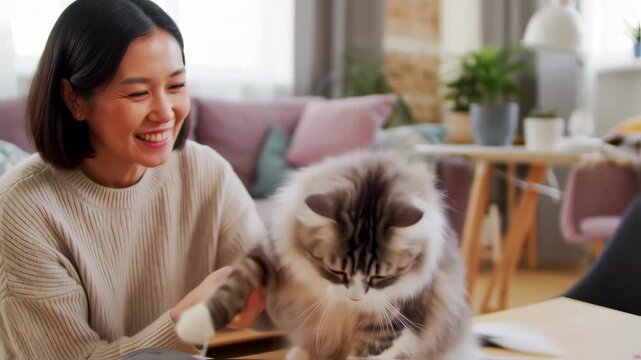 Woman giving high five to a cat in a cozy living room