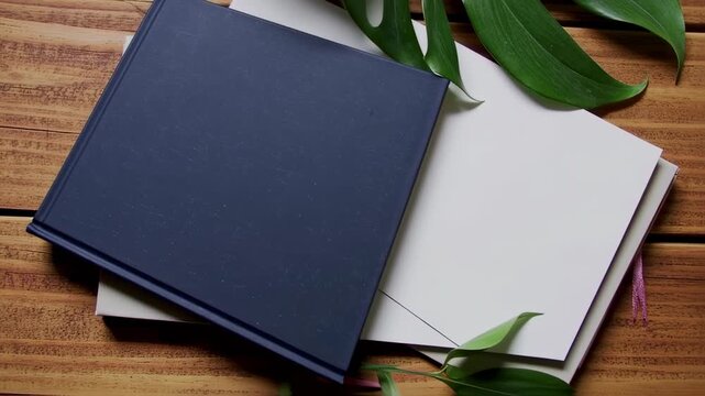 Two books, one dark blue, one off-white, rest on a wooden surface, with a green leaf in between