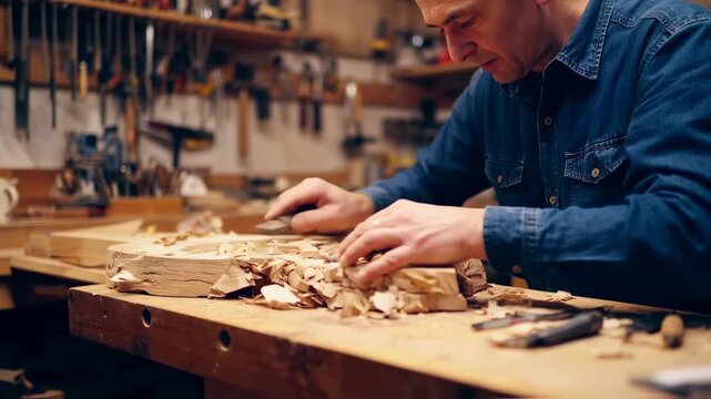 Woodworker shaping a piece of wood in a workshop