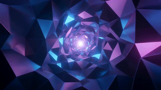 Flying through a dark, abstract futuristic polygonal tunnel vortex illuminated by bright neon pink and blue light in a seamless 3D digital rendering.