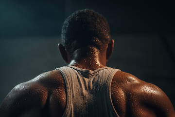 Muscular African athlete back covered in sweat after intense gym workout. Strength training results, endurance, physical effort, fitness progress, dedication to fitness, sports and healthy lifestyle.