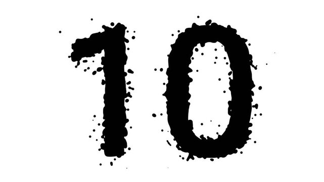 Number 10, black liquid animatin with black bubbles on white background, metaballs style animation