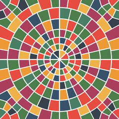 A vibrant mosaic artwork featuring a colorful spiral pattern made of small squares in various hues and white grout lines.