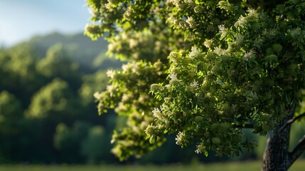 Blooming linden tree with sunlit leaves, natural beauty