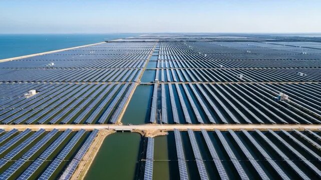Solar Farm by the Sea: An expansive array of solar panels stretches across the landscape, harnessing the power of the sun and reflecting against the serene backdrop of the sea.