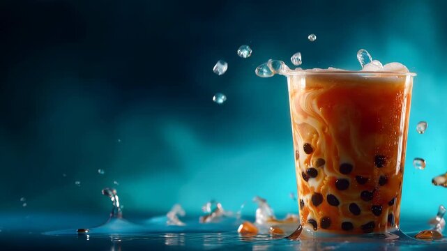 Splash of iced bubble tea with tapioca pearls in glass against blue background during bright lighting