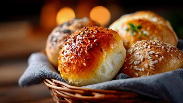 Freshly baked bread rolls in a woven basket displayed on a wooden table with soft warm light in the background