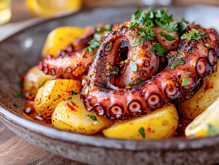 Premium roasted octopus tentacle served with seasoned fried potatoes, herbs, paprika. Luxury rustic seafood flavors. Elegant fine dining presentation. Upscale restaurant menu. Gourmet food marketing.