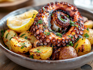 Grilled octopus tentacle served with fried potatoes, paprika and herbs on plate. Luxury presentation gourmet seafood, fine dining dish. Perfect for premium restaurant menu, upscale culinary branding.
