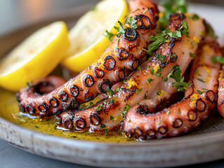 Close up grilled octopus tentacles with olive oil, lemon and herbs on plate. Luxury presentation gourmet seafood. Fine dining dish. Premium restaurant menu. Upscale culinary branding. Food marketing.