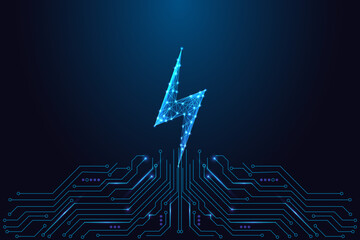 Electric Lightning Bolt above circuit board. Energy Power Tech Symbol, Blue Neon Vector Illustration © Inna