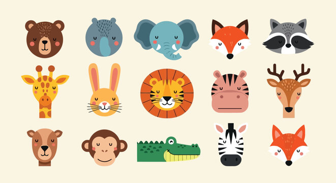 Collection of various cartoon animal faces and heads.