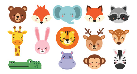 Obraz premium Collection of adorable cartoon animal faces for childrens designs.