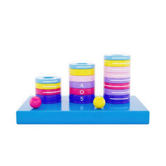 Stacking rings toy with balls on blue platform, learning and development concept