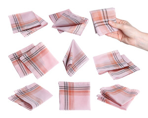 Collage with pink handkerchiefs on white background