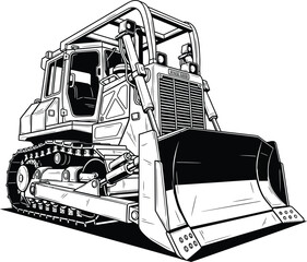 Detailed black and white line art illustration of a heavy construction bulldozer with a large front blade and caterpillar tracks. © Vhya